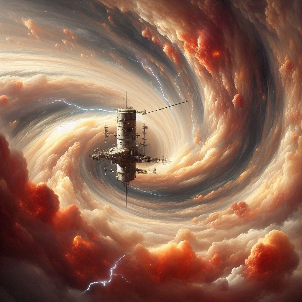 A contrasting vista of a space station hanging in the turbulent atmosphere of a gas giant